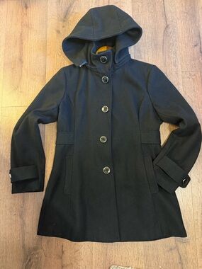 KENNETH COLE New York button down removable hood wool coat black